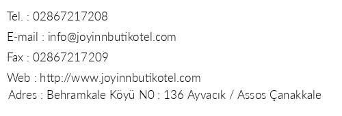 Joy nn Butik Otel telefon numaralar, faks, e-mail, posta adresi ve iletiim bilgileri
